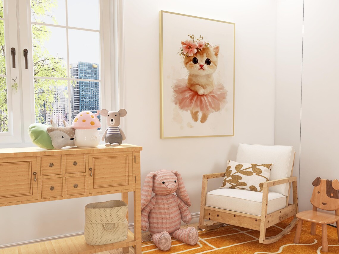 Precious Wide-Eyed Kitten Ballerina in Pink Tutu Nursery Art Poster - Image 4