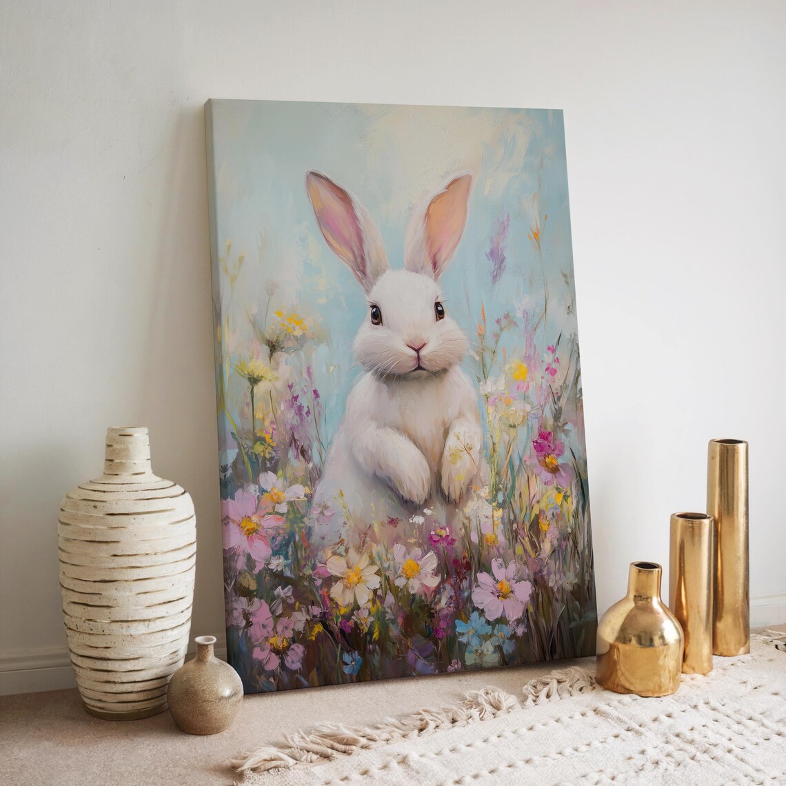 Graceful White Bunny in a Pastel Wildflower Garden Art Poster - Image 5