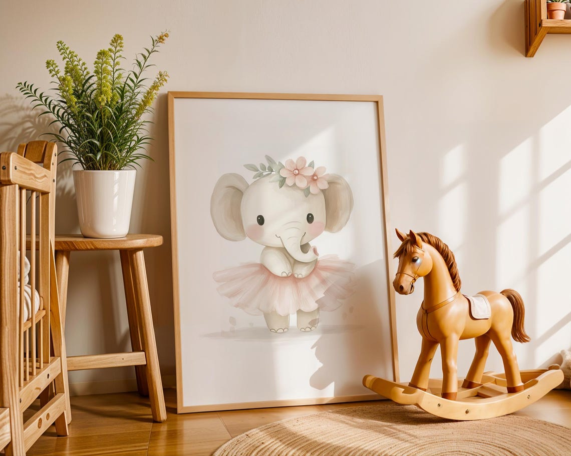 Whimsical Baby Elephant in Tutu with Flower Crown Nursery Art Poster - Image 3