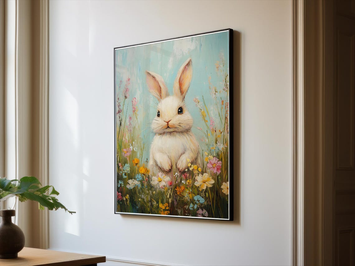 Charming White Bunny in a Colorful Wildflower Field Art Poster - Image 2