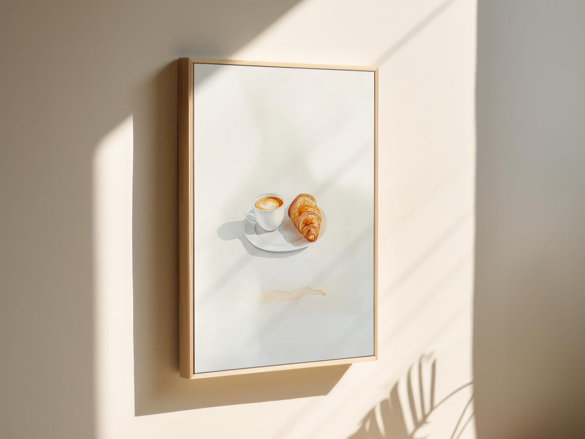Cozy Watercolor Latte and Golden Croissant Breakfast Art Poster - Image 3