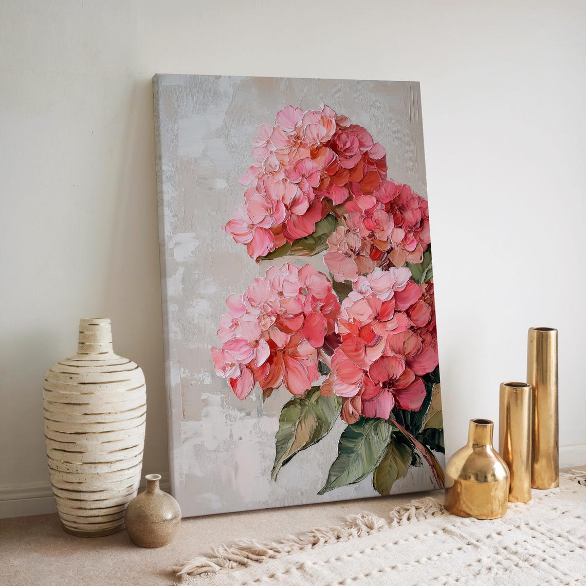 Vibrant Pink Coral Hydrangea Blooms Textured Floral Art Poster
