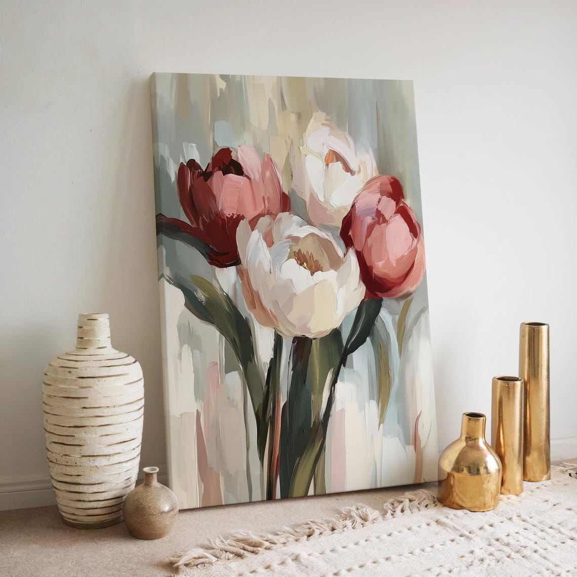 Impressionist Red Pink and White Tulips Blooming Bouquet Art Poster