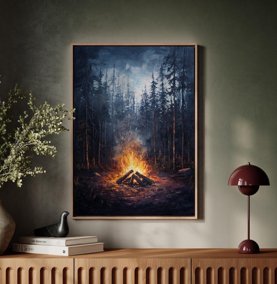 Campfire Wall Art Forest Night Wall Decor Countryside Wall Art Nature Painting Art Print Rustic Forest Art Nature Landscape Art