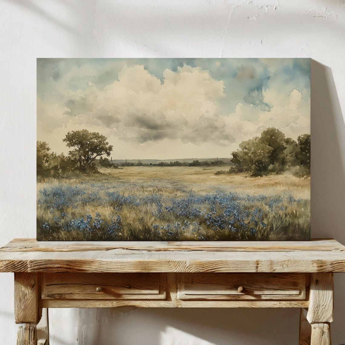 Serene Watercolor Bluebonnet Prairie Meadow Landscape Art Poster
