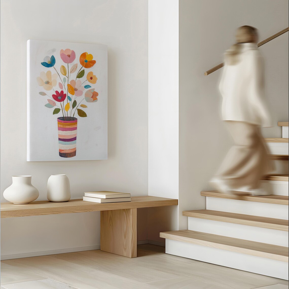 Playful Folk Art Flowers in Rainbow Striped Vase Colorful Wall Art - Image 3