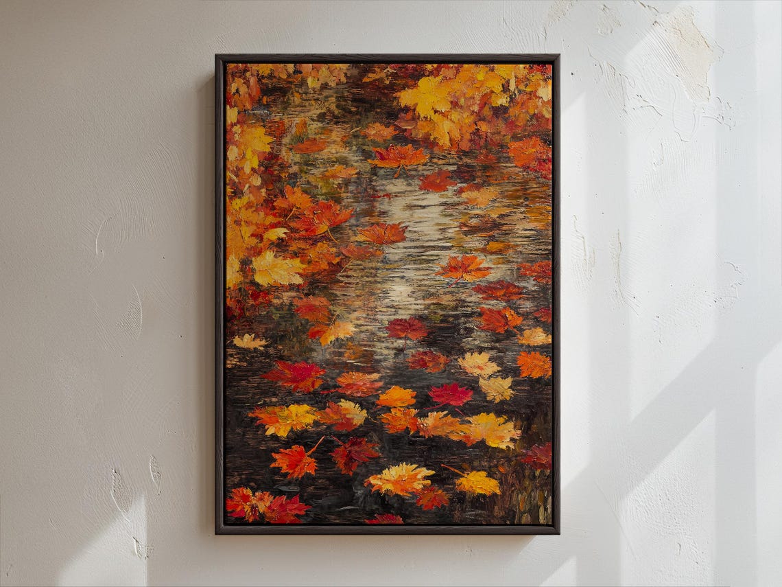 Bright Autumn Maple Leaves Floating on a Dark Forest Stream Poster - Image 2