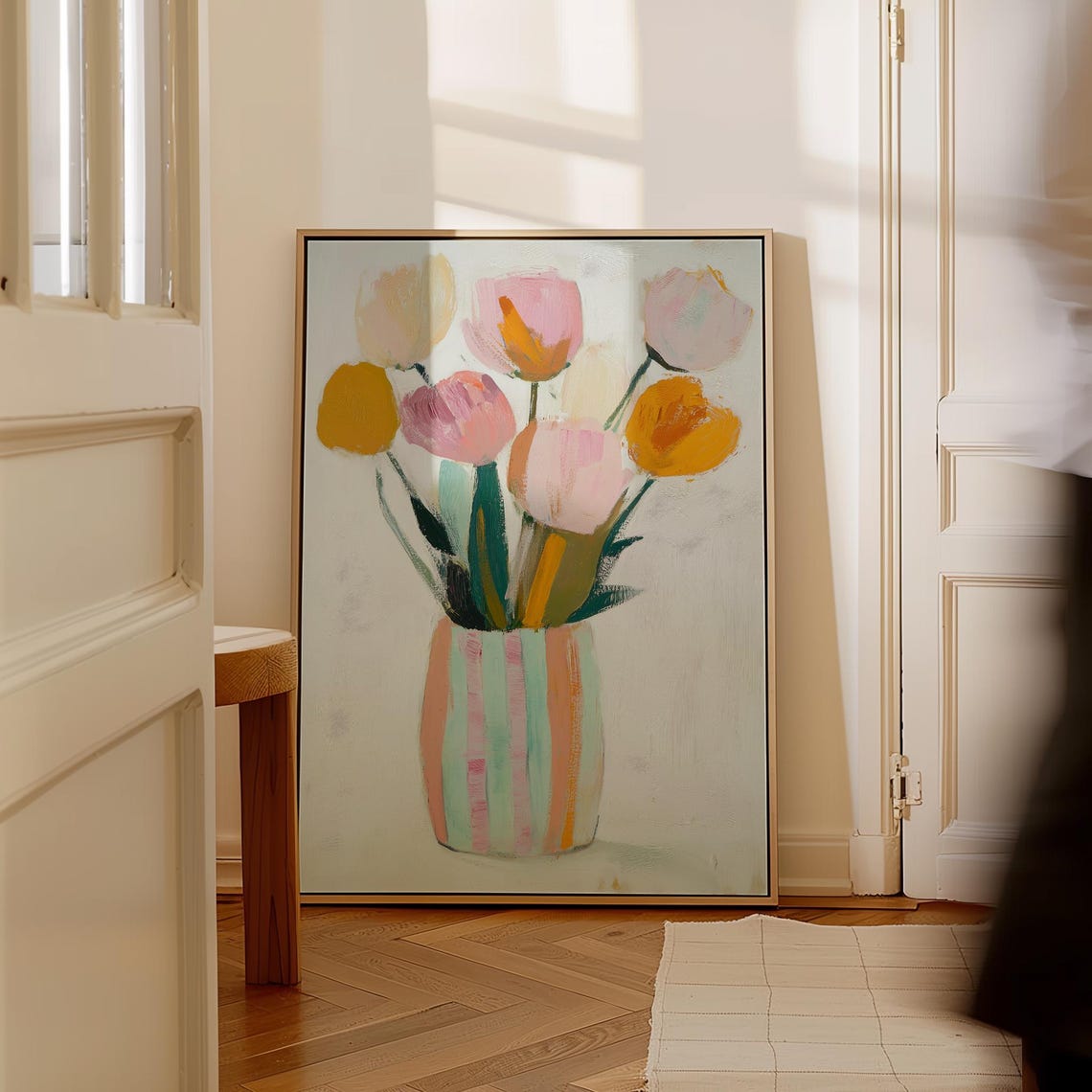 Modern Pastel Tulips Floral Painting in Striped Vase Wall Art - Image 5
