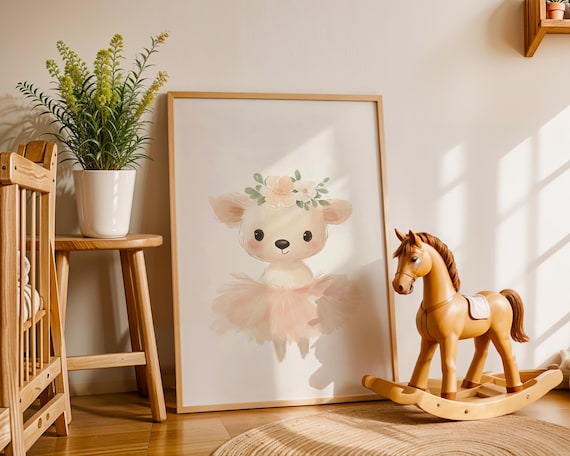 Precious Baby Deer Ballerina in Pink Tutu Nursery Art Poster