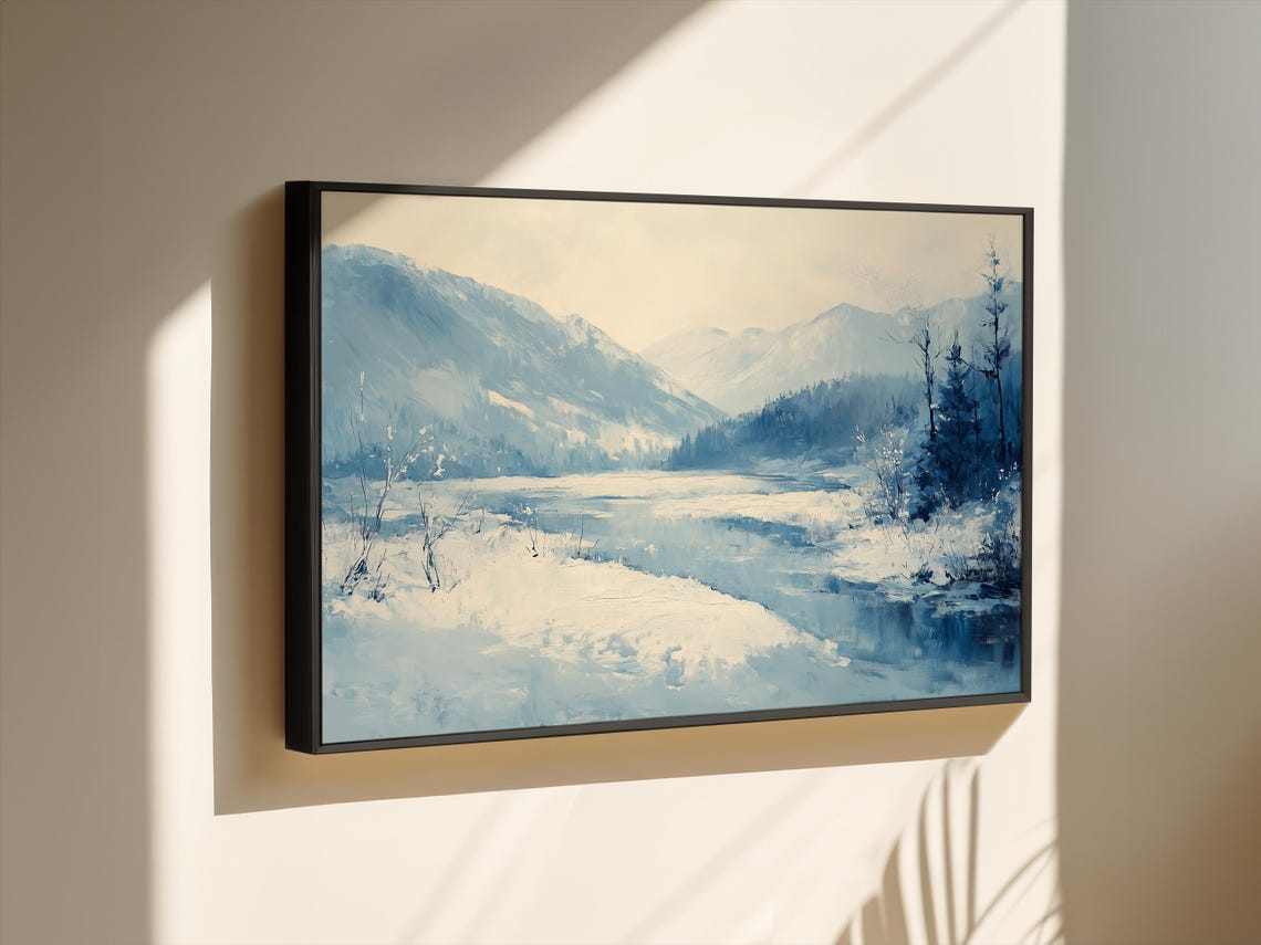 Serene Blue Winter Mountain Valley With a Snowy River Poster - Image 3