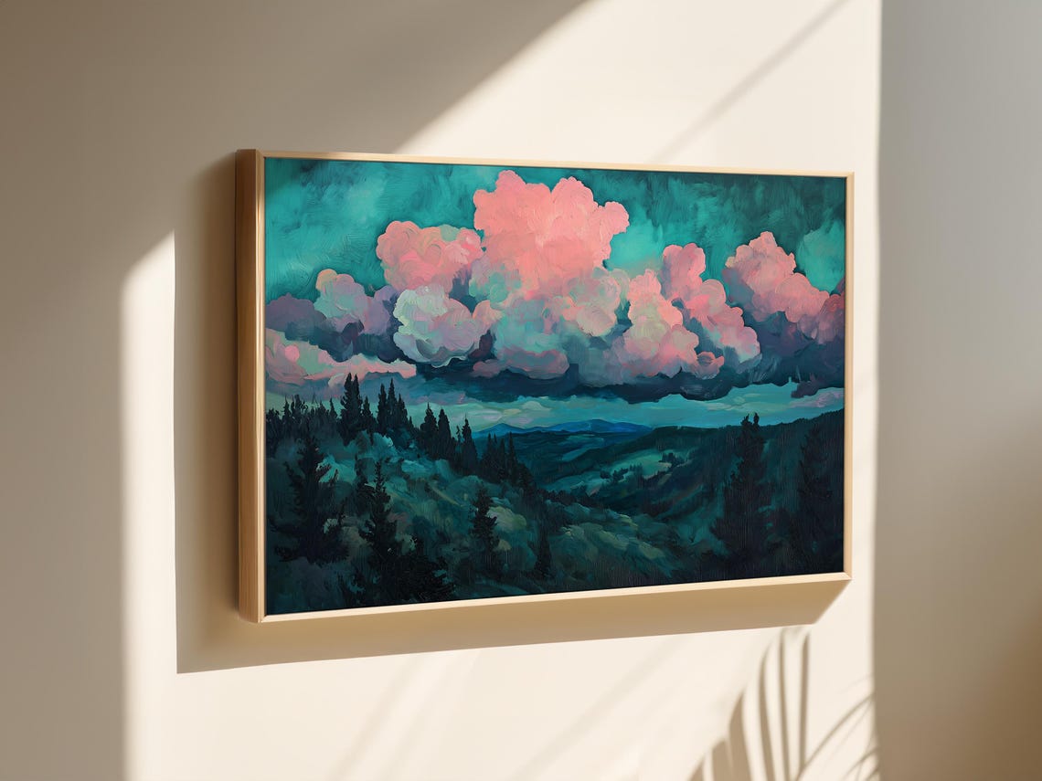 Cloudscape Painting Wall Art Sunset Painting Dramatic Sky Wall Decor Forest Scenery Art Fantasy Landscape Art Moody Wall Art - Image 2