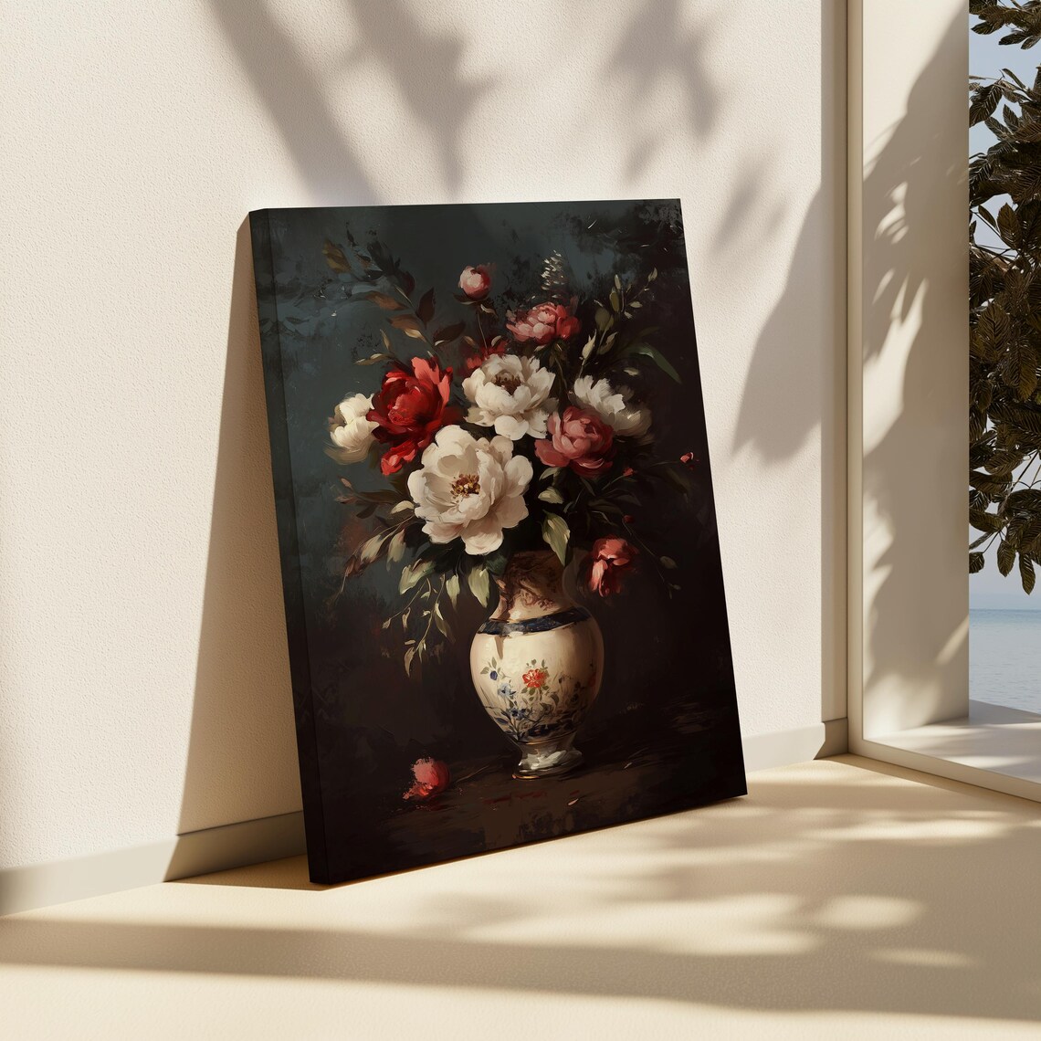 Moody Red and White Peonies Oil Painting Dark Floral Wall Art - Image 3