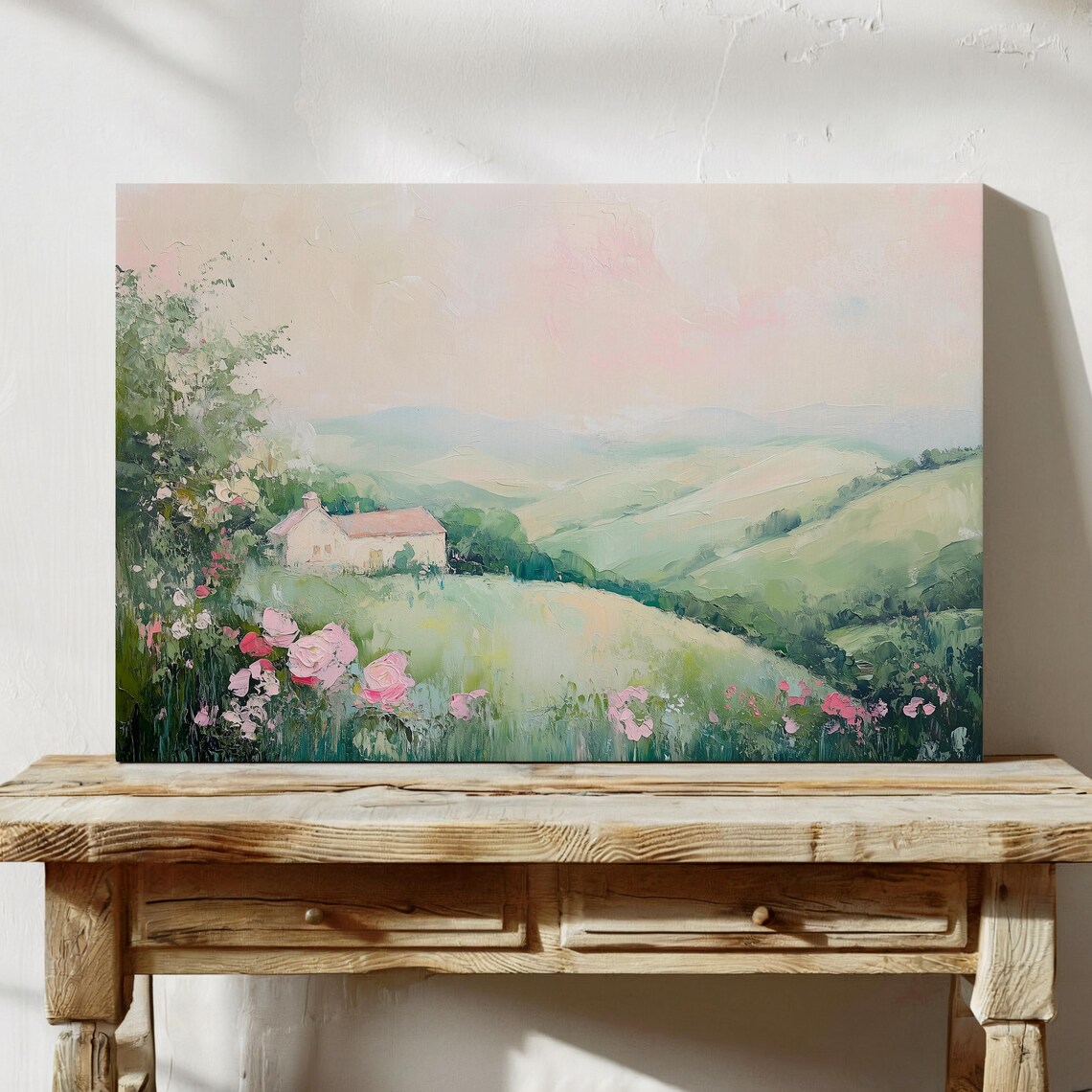 Soft Pastel Farmhouse Nestled in Rolling Green Hills Art Poster - Image 5