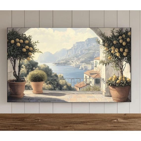Summer Italian Terrace Lemon Tree Frame Tv Art Amalfi Coast Italy Samsung Screensaver Vintage Style Coastal Landscape Painting