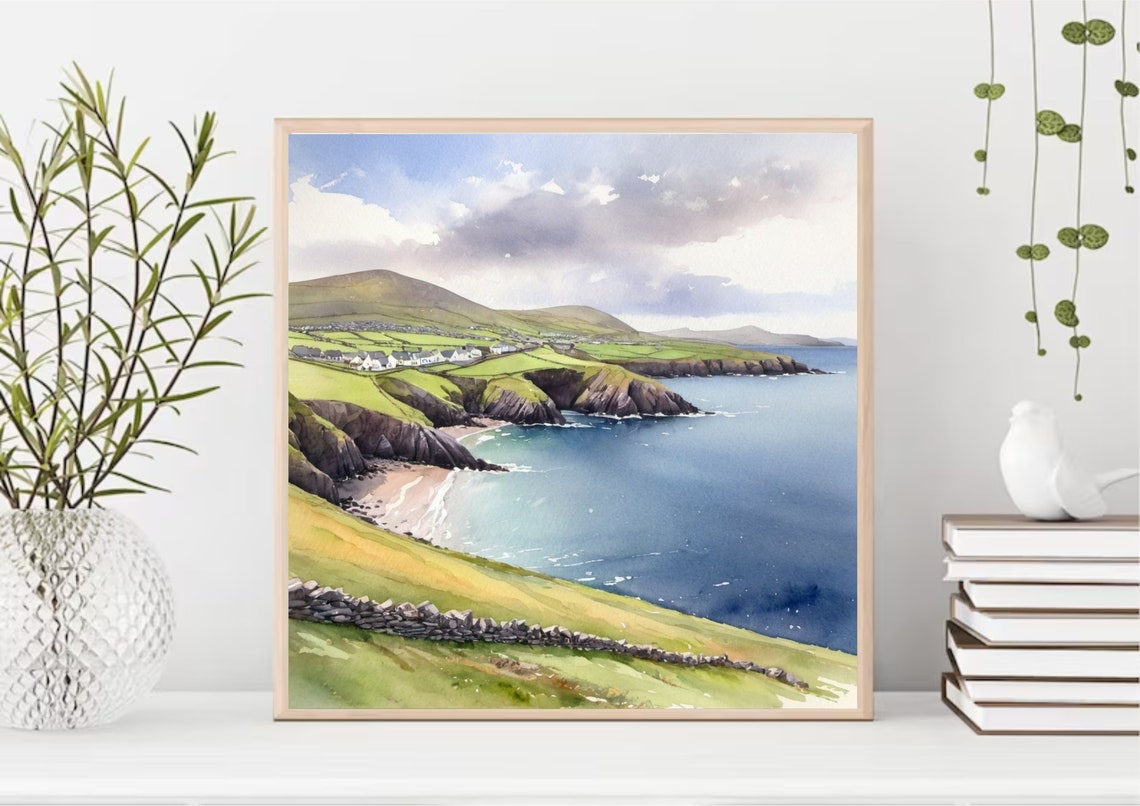 Dingle Peninsula Ireland Green Cliffs Village Watercolor Poster - Image 3