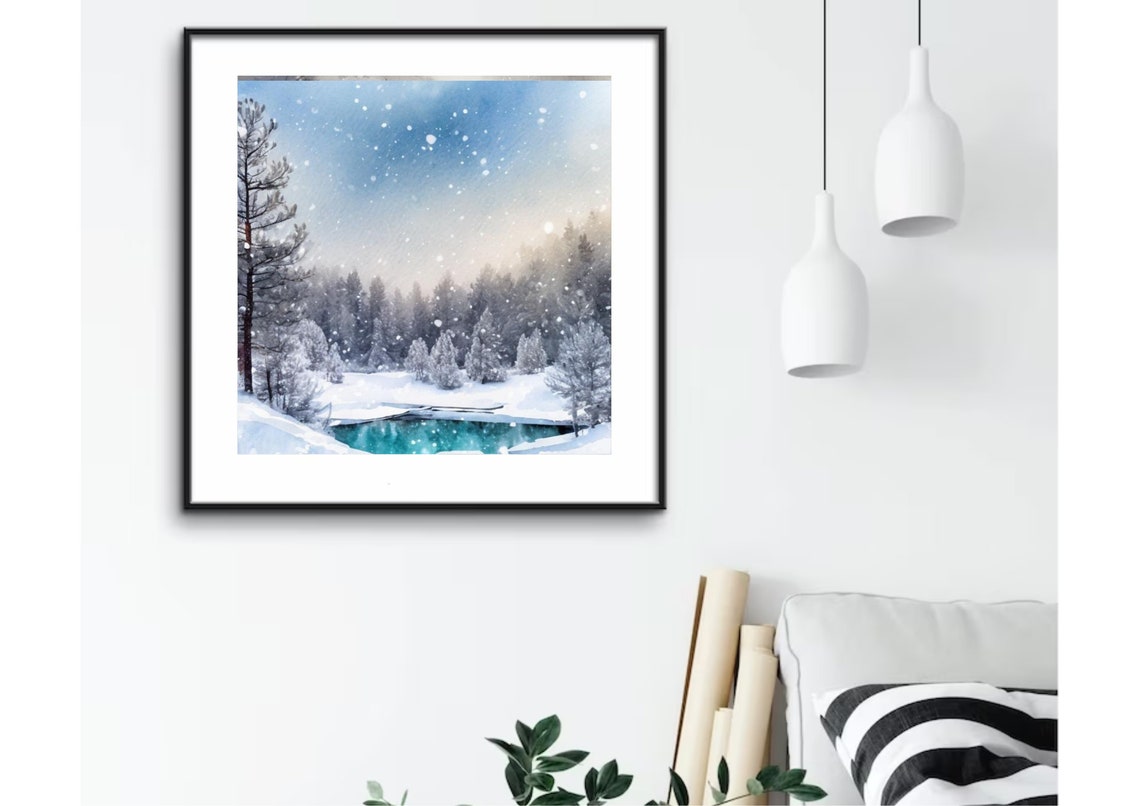 Snow Falling Over Turquoise Lake In Snowy Pine Forest Art Poster - Image 3
