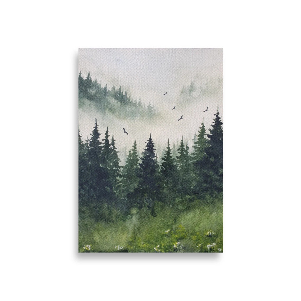 Misty Pine Forest Birds Flying Watercolor Pacific Northwest Art Poster - Image 3
