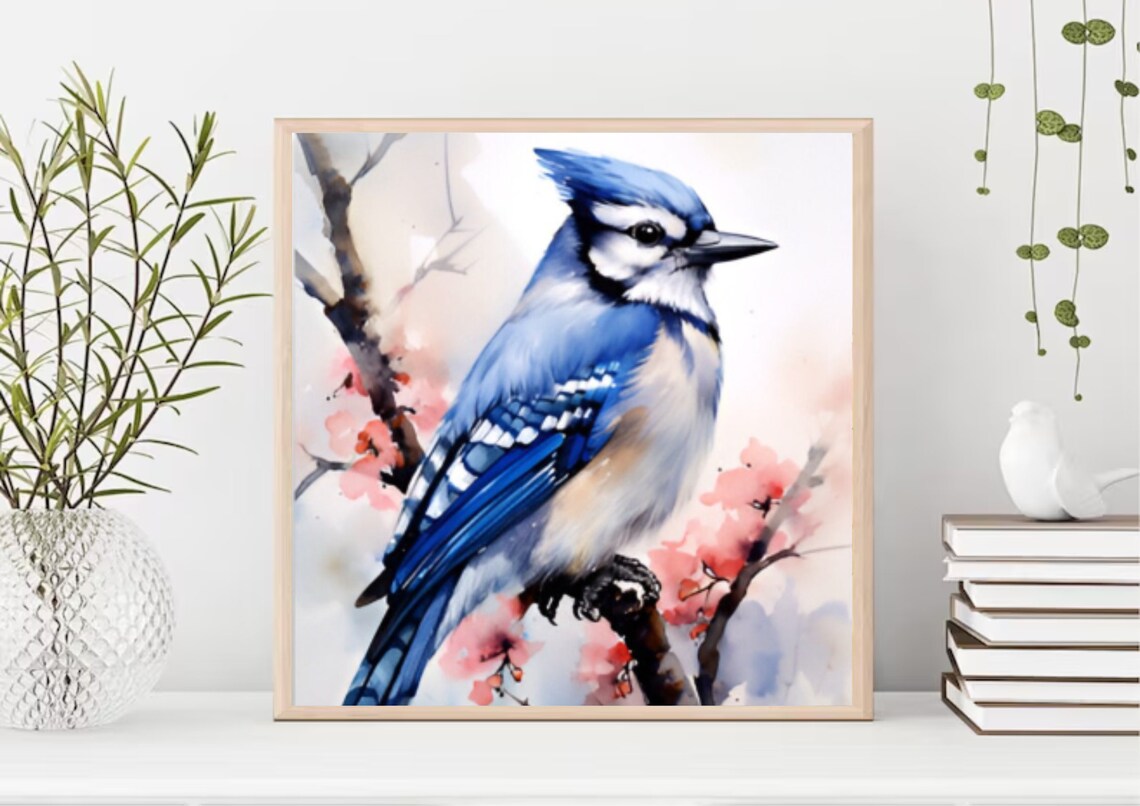 Blue Jay on Blossoming Branch Vivid Watercolor Bird Portrait Poster - Image 4