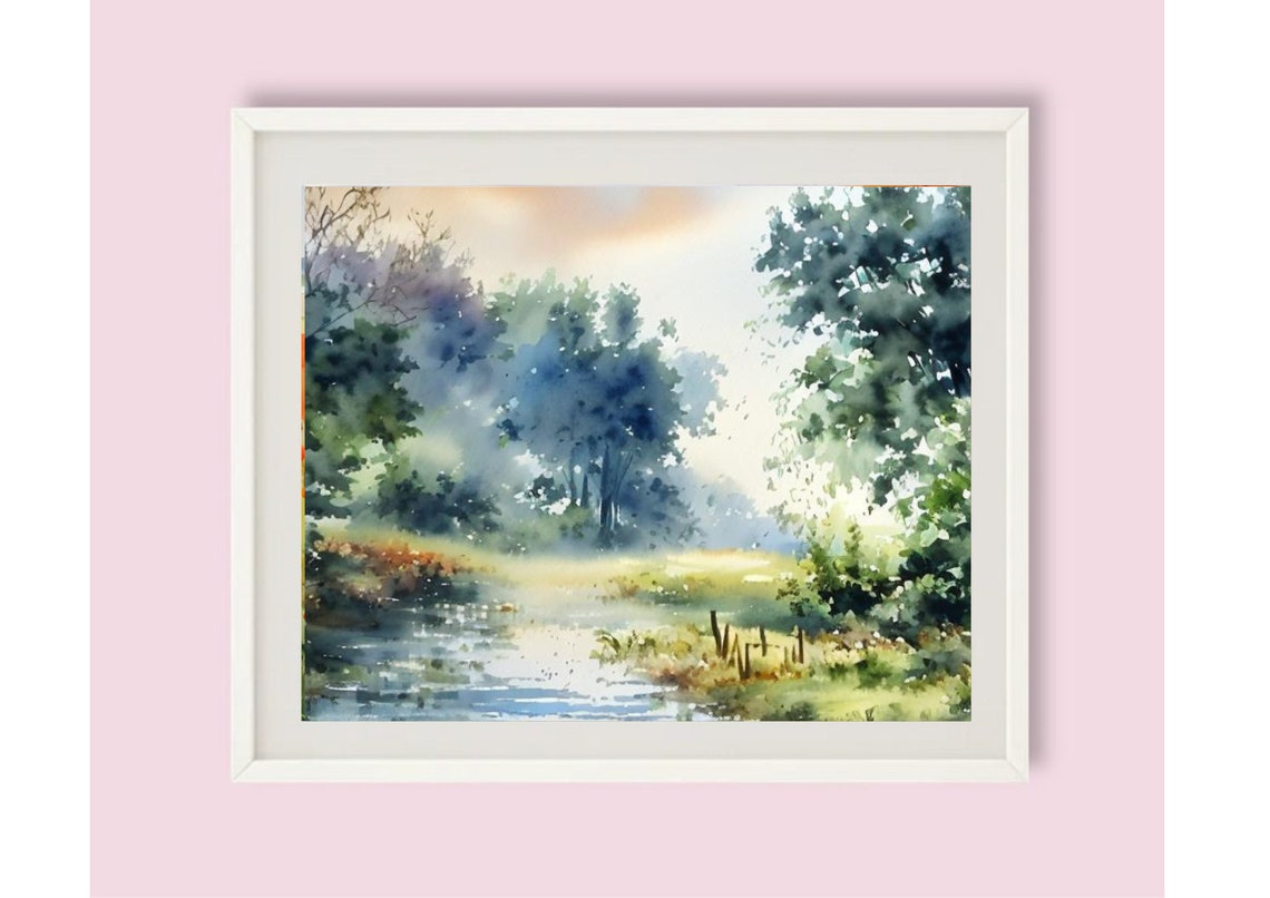 Misty Forest River Watercolor in Soft Green Morning Tones Poster - Image 6