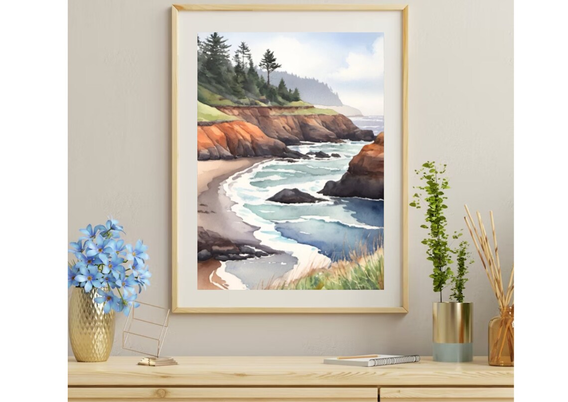 Yachats Coast Oregon Coastline Watercolor Art Print - Image 2