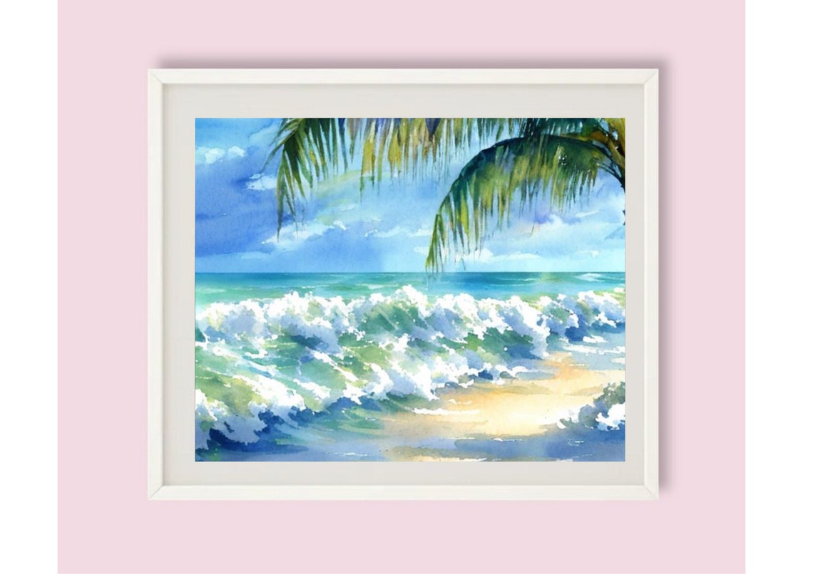 Tropical Beach Waves Under Palm Fronds Watercolor Seascape Poster - Image 6