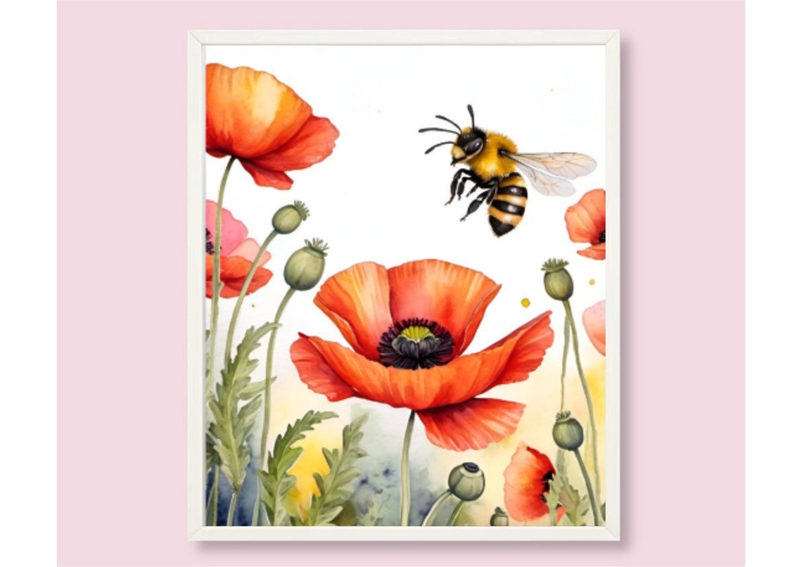 Red Poppy Flowers Bumblebee White Watercolor Botanical Poster - Image 6