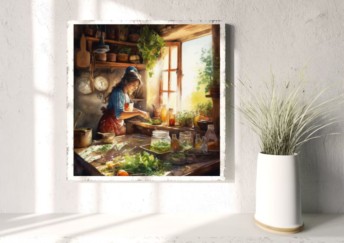 Woman Cooks in a Country Kitchen, French Country Print - Image 4