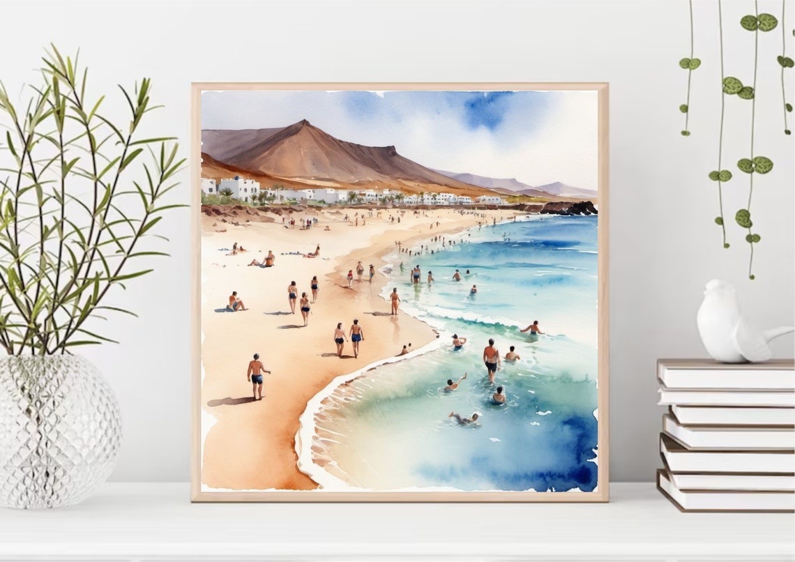 Fuerteventura Beach Bathers Volcanic Mountain Watercolor Poster - Image 4