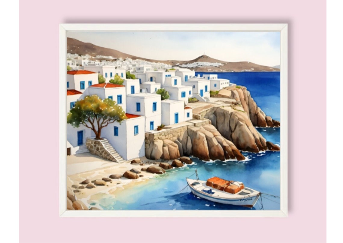 Mykonos Painting Greece Watercolor Art Print Greek Island Wall Art Cyclades Islands Travel Poster Mykonos Cityscape Artwork Greece Gifts - Image 6