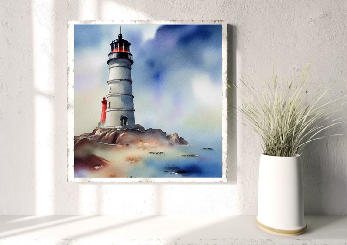 White Lighthouse on Rocky Shores Watercolor Coastal Scene Poster - Image 5