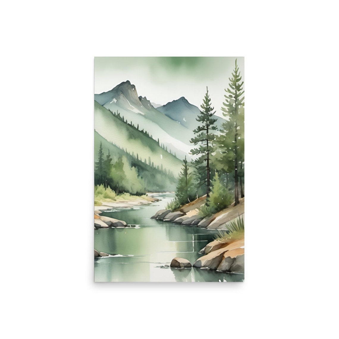 Mountain River Rocky Pine Banks Peaks Watercolor Nature Poster - Image 2