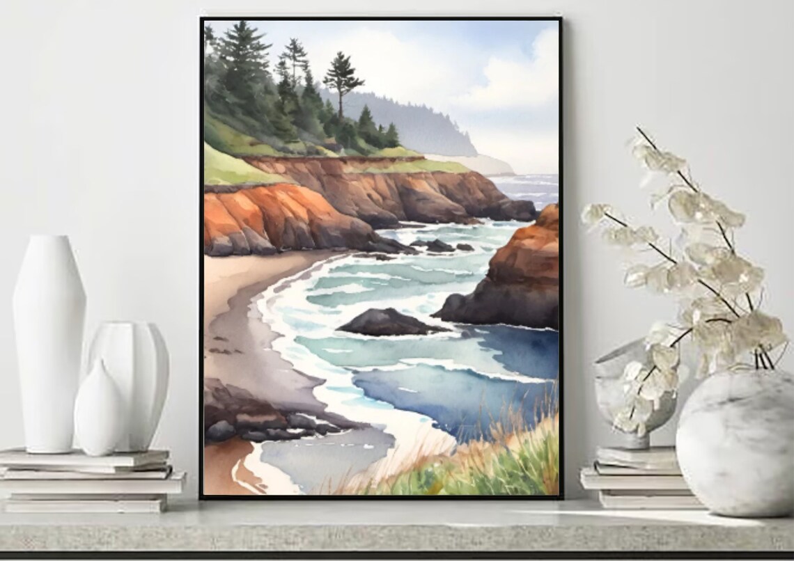 Yachats Coast Oregon Coastline Watercolor Art Print - Image 5