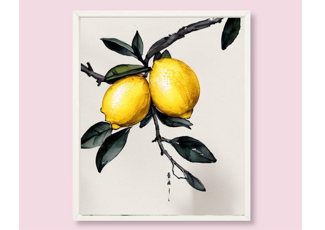 Two Bright Lemons On Ink Branch Watercolor Botanical Art Print - Image 6