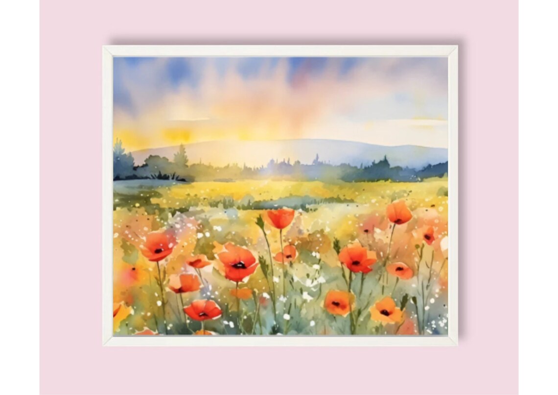 Poppy Field Sunset Watercolor Meadow Art Print - Image 6