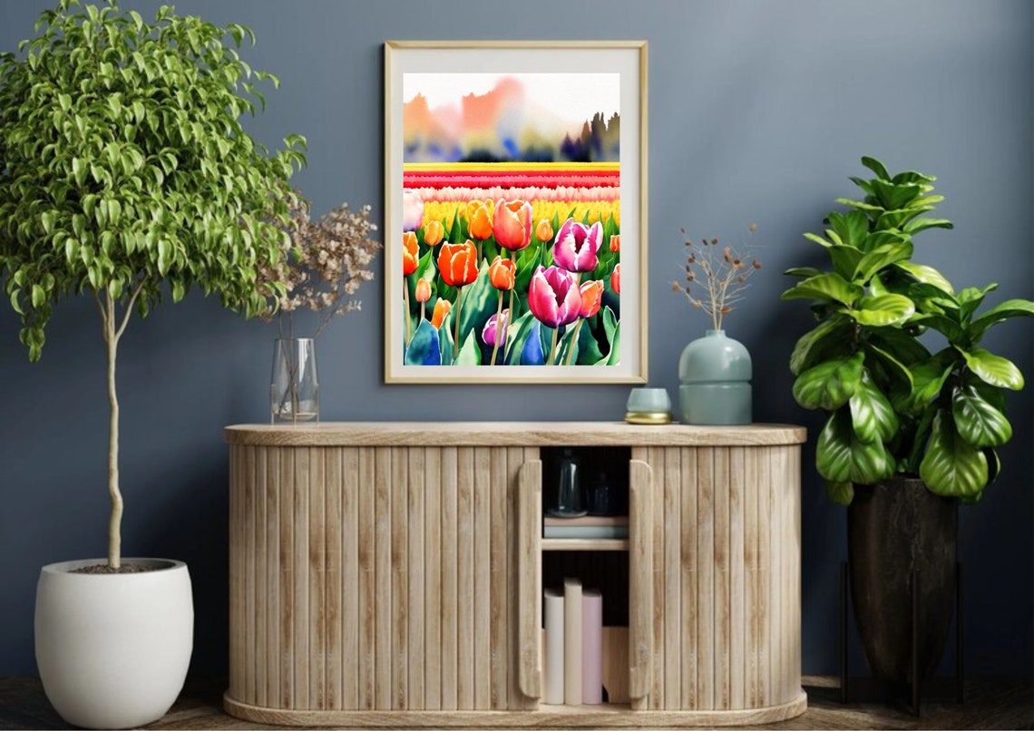 Tulips Painting Field Of Tulips Watercolor Art Print Spring Landscape Wall Art Field Of Spring Flowers Watercolor Art Floral Landscape Print - Image 4