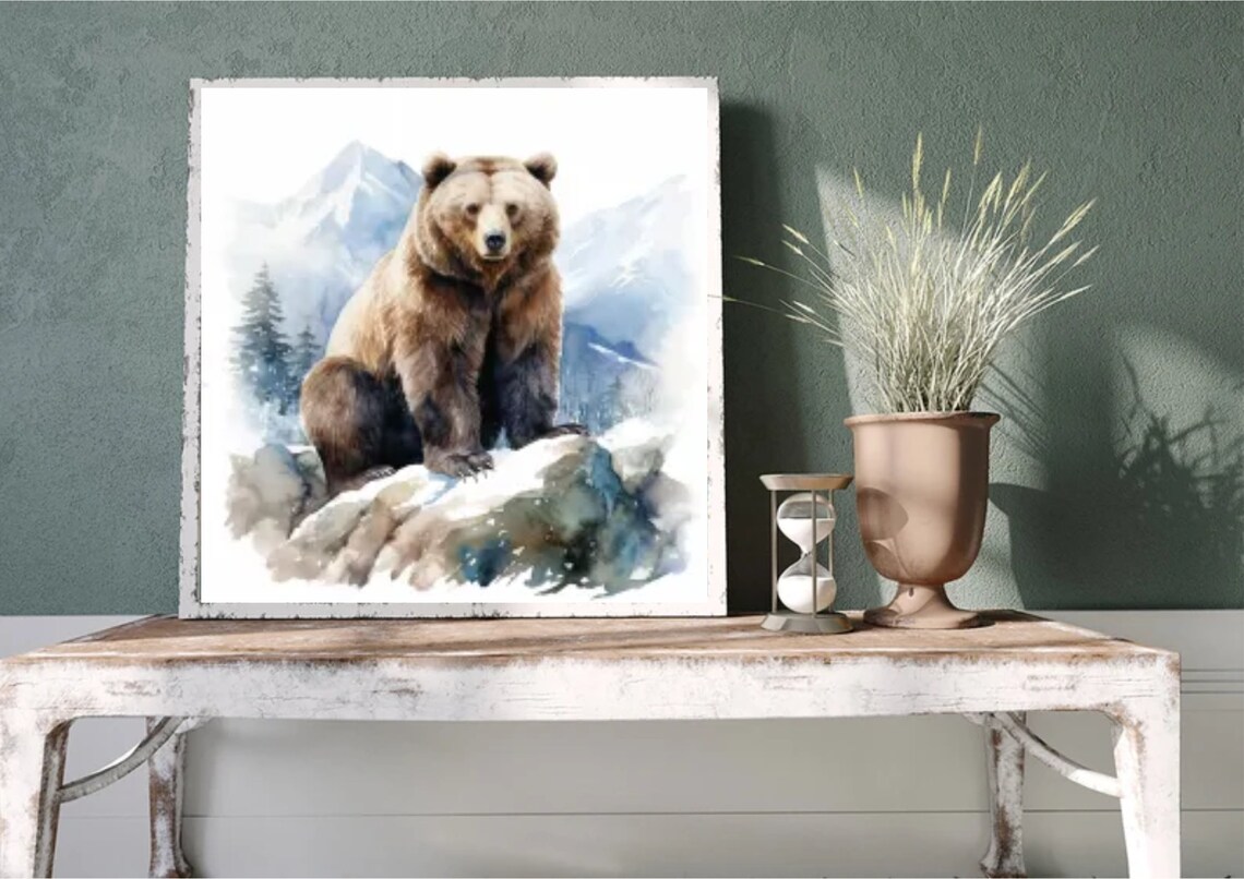 Grizzly Bear Sitting On Rocky Outcrop Watercolor Wildlife Art Poster - Image 5