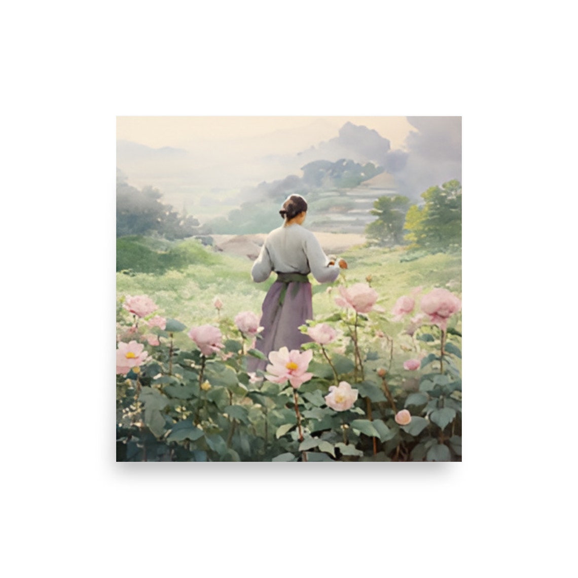 Woman In A Rose Garden Painting Woman Portrait Watercolor Art Print Flowers Garden Wall Art Country Flowers Garden Landscape Art Spring Art - Image 2