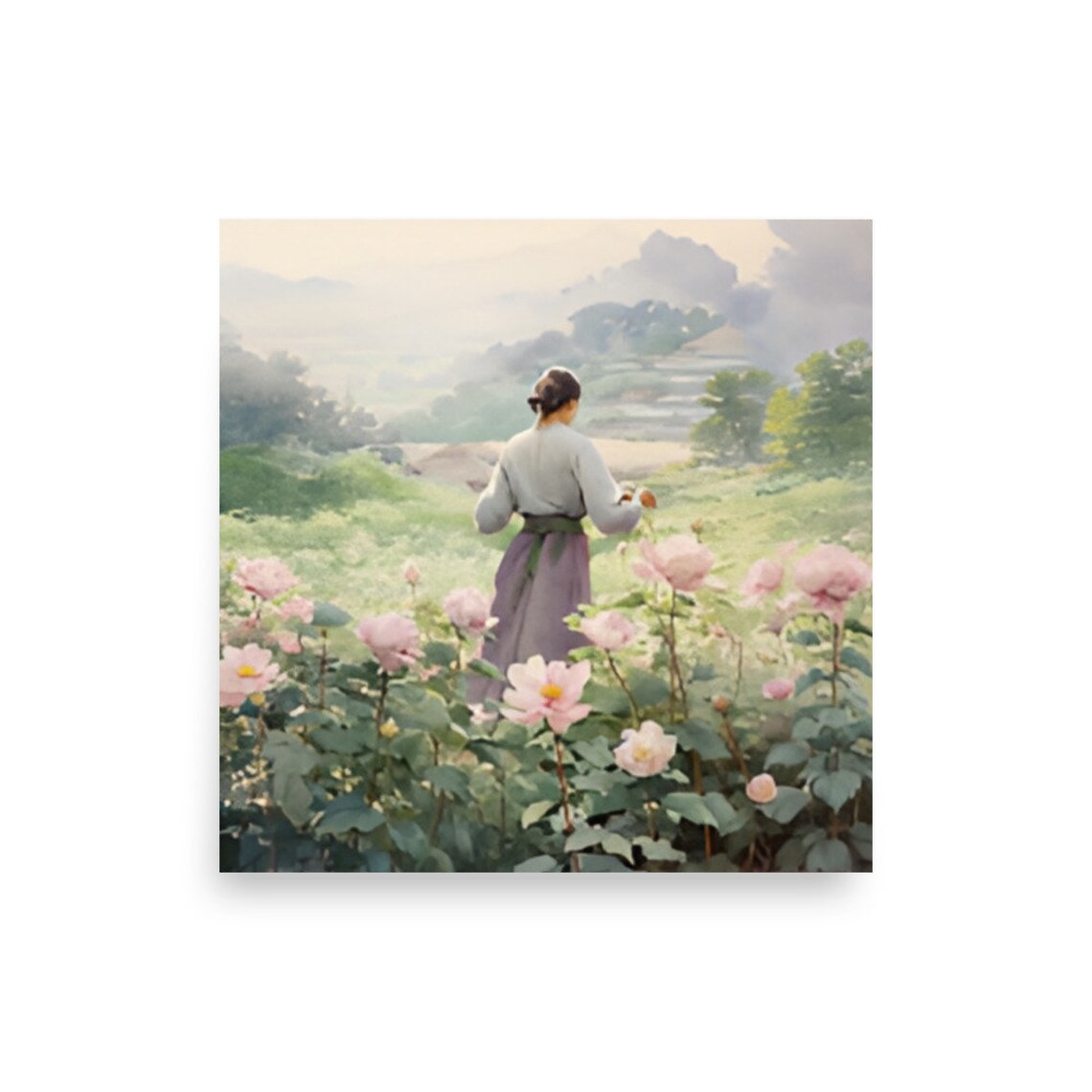Woman in Rose Garden Among Blooming Pink Roses Watercolor Poster - Image 2