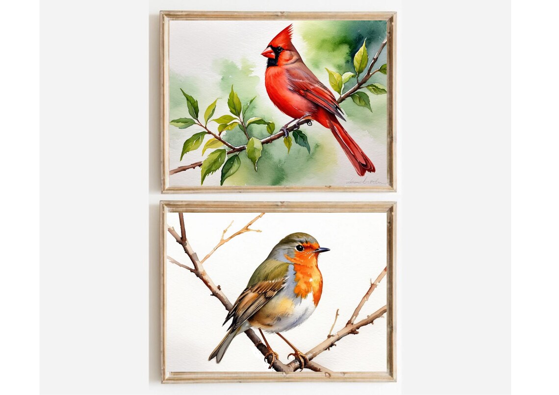 Red Cardinal Watercolor Art Print, Bird on Branch - Image 2