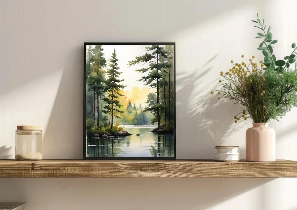 Soft Misty Pine Forest Lake Watercolor Morning Light Scene Poster - Image 6