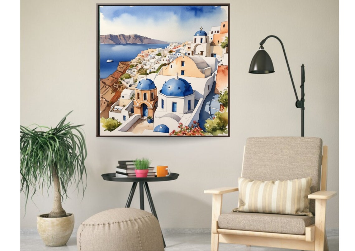 Santorini Blue Domed Churches White Buildings Watercolor Poster - Image 4