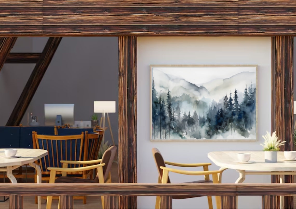 Foggy Pine Forest Soft Gray Blue Hushed Watercolor Landscape Poster - Image 5