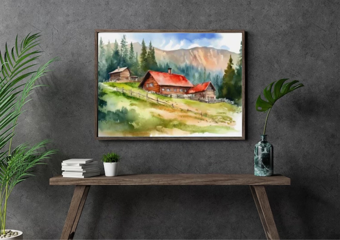 Red Roofed Log Cabins Beneath Rocky Mountain Cliffs Watercolor Print - Image 4