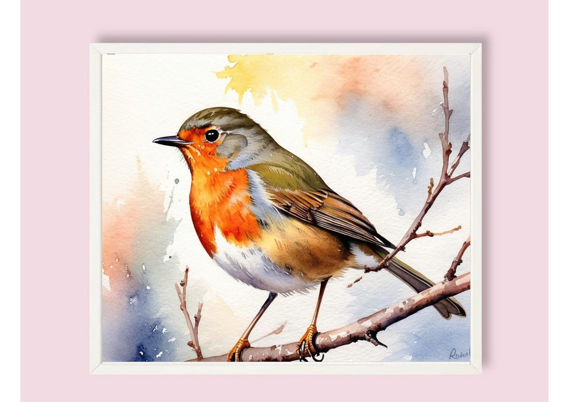 European Robin Perched On A Branch Facing Left Watercolor Poster - Image 6