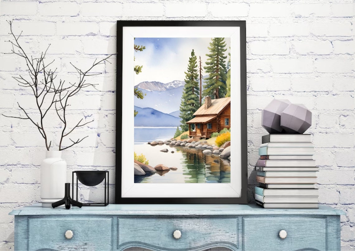 Redfish Lake Painting Lake Cabin Watercolor Art Print Idaho Landscape Wall Art Mountain Lake Art Lake House Artwork Pine Trees Large Poster - Image 2