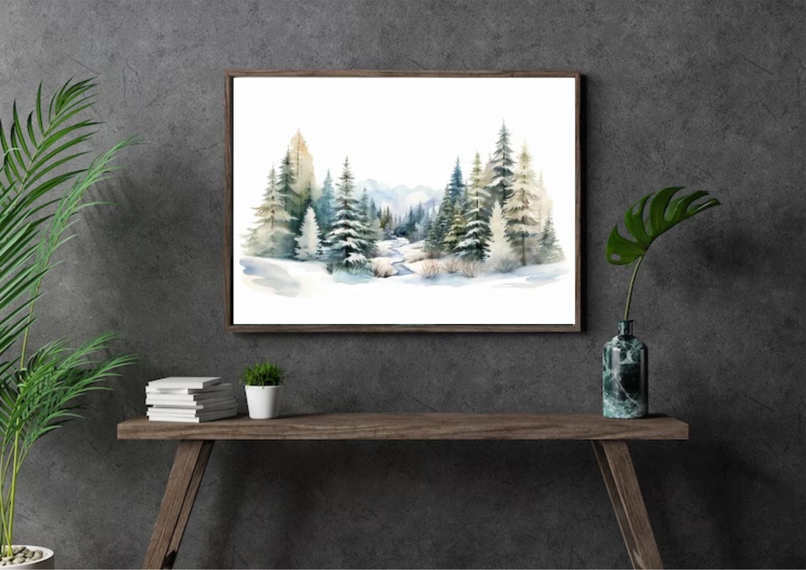 Snowy Pine Forest With Winding Stream Watercolor Winter Art Poster - Image 5