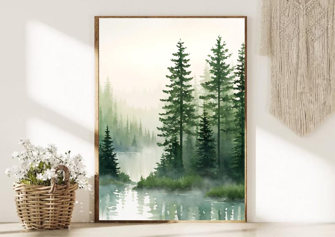 Misty Evergreen Forest Lake Watercolor Washington Nature Art Poster - Image 6