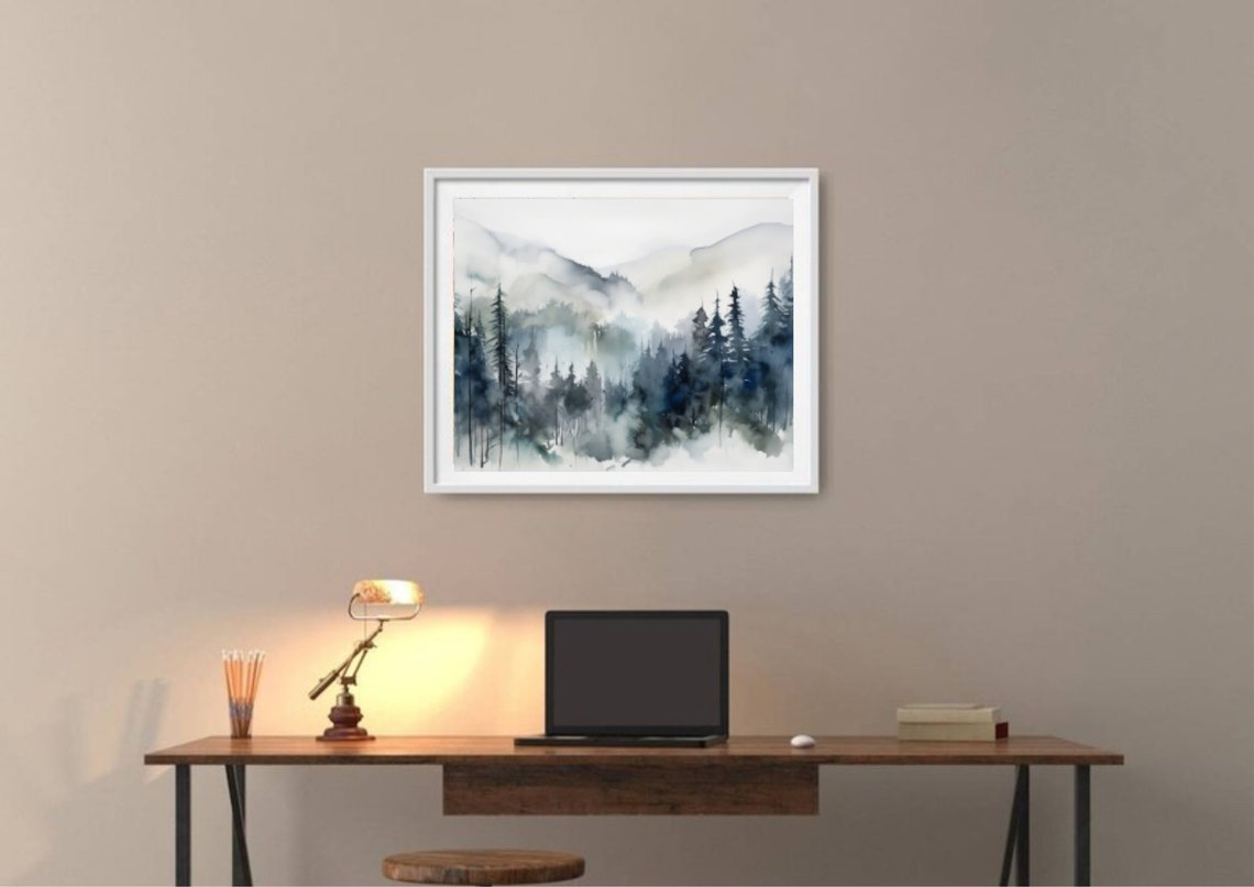 Foggy Pine Forest Soft Gray Blue Hushed Watercolor Landscape Poster - Image 4