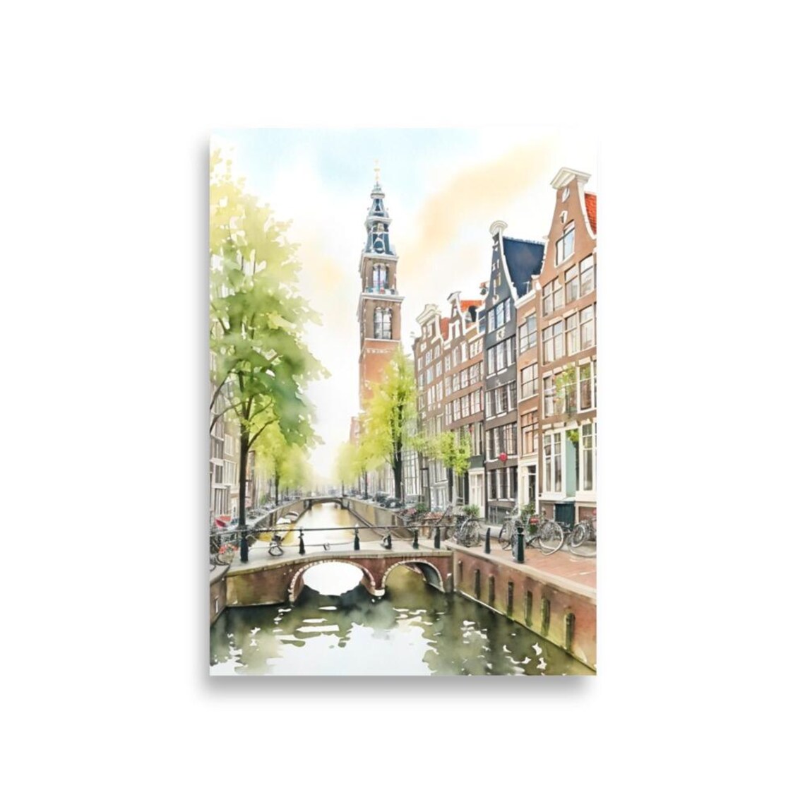 Amsterdam Canal Bridge Church Tower Watercolor Netherlands Art Poster - Image 2