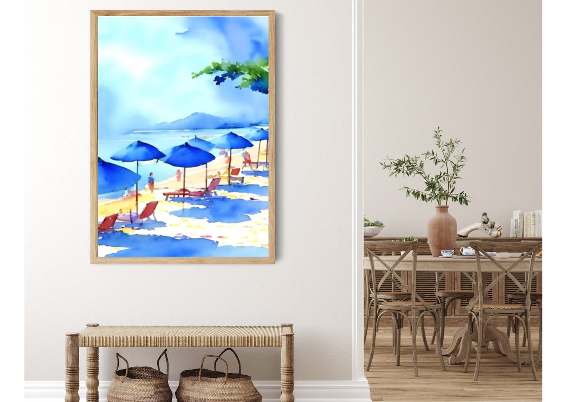 Florida Beach Blue Umbrellas Sunny Summer Coast Watercolor Poster - Image 3